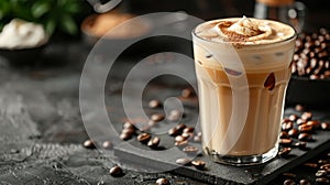 Iced coffee with cream and cocoa on dark background