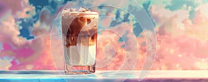 Iced coffee with cream in a tall glass against a vibrant sky