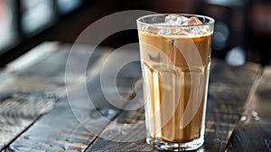 Iced coffee cubes with milk. Glass of cold coffee with ice cubes