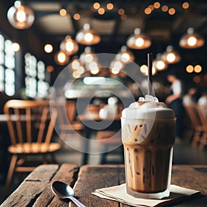 Iced coffee frappe served casually with a blurred cafe setting behind. AI generated. photo