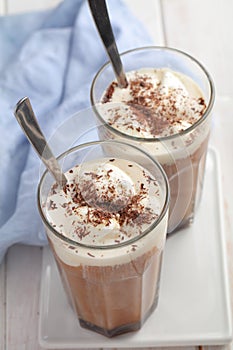 Iced coffee with ice cream and chocolate