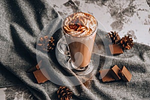 Iced coffee with ice and cream, chocolate, Milk chocolate cocktail or cold whipped coffee with milk