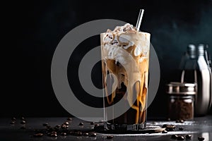 iced coffee latte with foamed milk, drizzle of chocolate syrup, and sprinkling of cinnamon