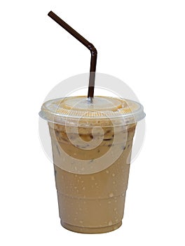 Iced coffee latte in plastic cup isolated on white background, c