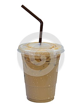 Iced coffee latte in plastic cup isolated on white background, c photo