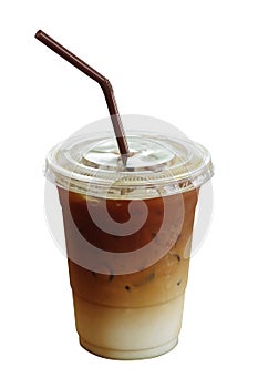 Iced coffee latte in plastic cup isolated on white background, c photo