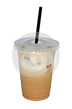 Iced coffee latte in plastic cup isolated on white background, c photo