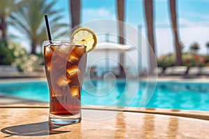 Iced coffee near the pool, summer vacation refreshment