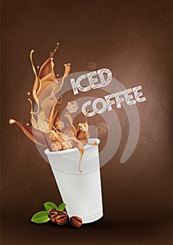 Iced coffee pouring down into a takeaway cup on dark background.