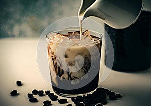 Iced coffee with roasted beans in a short glass with cream poured over.