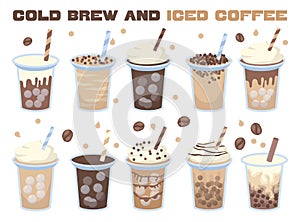 Iced coffee set. Cold brew beverages with straw. Energetic tasty