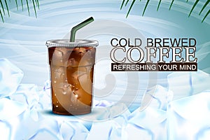 Iced coffee takeaway cup with ice background