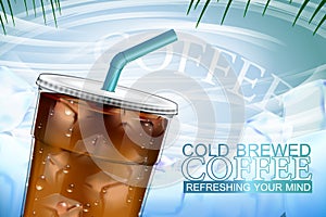 Iced coffee takeaway cup with ice background