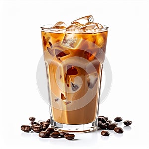 Iced Coffee in a Tall Glass with Ice Cubes and Coffee Beans