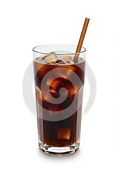 Iced Coffee in a Tall Glass with Ice Cubes and Straw