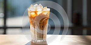 Iced Coffee In Tall Glass With Iced Cubes. Cold Caffeine Delicious Drink. Cool Cappuccino Or Latte On Table. AI generated