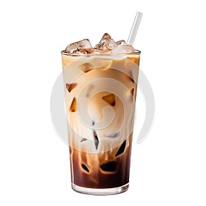 Iced coffee in tall glass isolated on white background, delicious iced latte coffee drink beverage glass cup and straw
