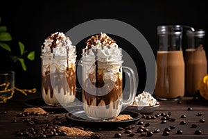 iced coffee with whipped cream and chocolate shavings on the side
