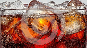 Iced cola bubbles close-up, studio shot, refreshment