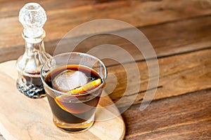 Iced cold brew coffee on wood tray