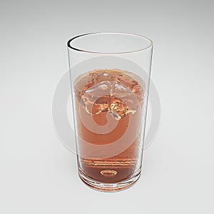 Iced colored soft drink in transparent glass on white background