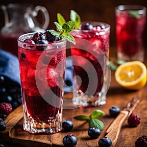 Iced drink - cranberry tea or juice with ice , lemon and mint