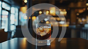 Iced Coffee Drink on Table in Cafe Bar with Bokeh Background