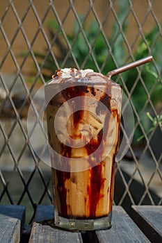 Iced Espresso with chocolate ice cream set on the table ready to serve.