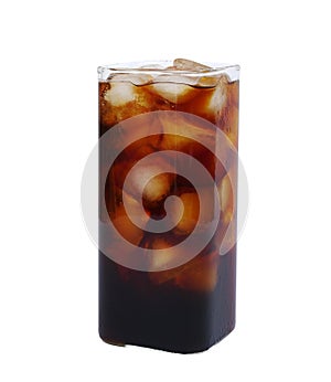 Iced espresso cold brew coffee in square glass isolated on white background clipping path