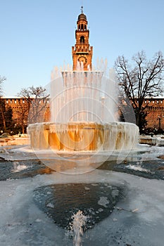 Iced fountain at Castello Sforzesco - Milan