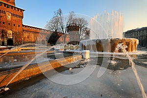 Iced fountain at Castello Sforzesco - Milan