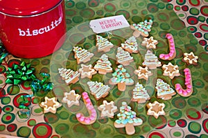 Iced gingerbread cookies ready to be wrapped up in a red tin and given as a gift at Christmas time