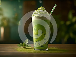 Iced Green matcha tea mixed with ice cube and milk in high glass, creative illustrattion. Close up. Cold matcha latte on dark