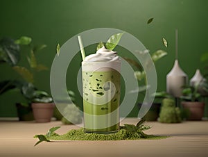 Iced Green matcha tea mixed with ice cube and milk in high glass, creative illustrattion. Close up. Cold matcha latte on dirty