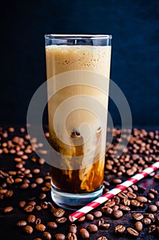 Iced Irish Coffee with Coffee Ice Cubes and Paper Straws
