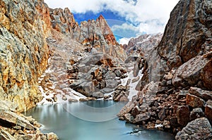 Iced lake surrounded by Schalbus-Dag mountain, Dagestan, Caucasus Russia