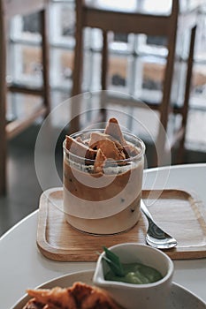 Iced latte Coffee with dalgona. Trendy Korean coffee.
