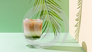 Iced matcha and espresso fusion Coffee. Iced Matcha and Espresso Latte in a glass. Side view, copy space. Spirulina cold drink.