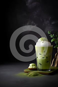 Iced matcha green tea with ice cubes and milk in high glass, creative illustrattion. Cold matcha latte on dark background, copy