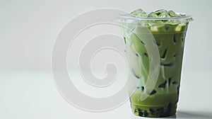 Iced matcha green tea latte in glass on white background, Generative AI illustrations