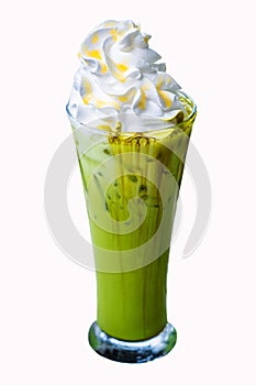 Iced Matcha green tea with wipping cream in tall glass