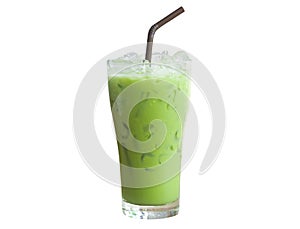 Iced matcha latte or condensed milk-added green tea in transparent glass with black straw isolated on white background