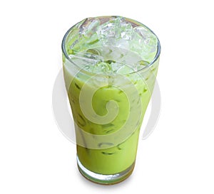 Iced matcha latte or condensed milk-added green tea in transparent glass isolated on white background