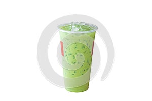 Iced matcha latte or green milk tea in plastic glass isolated on white background