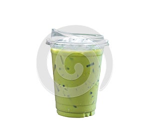 Iced matcha latte or green milk tea in plastic glass isolated on white background