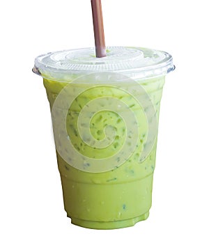 Iced matcha latte or Thai condensed milk-added green tea in transparent plastic glass with black straw isolated on white