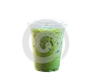 Iced matcha latte or Thai condensed milk-added green tea in transparent plastic glass isolated on white background