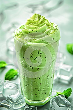 Iced mint milkshake in a glass with many condensation droplets, surrounded by ice cubes