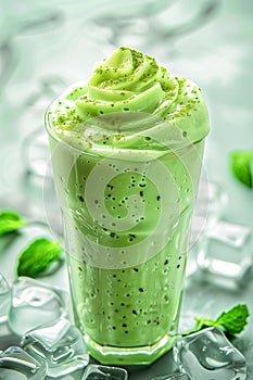 Iced mint milkshake in a glass with many condensation droplets, surrounded by ice cubes photo