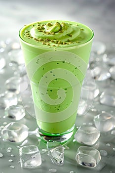 Iced mint milkshake in a glass with many condensation droplets, surrounded by ice cubes photo